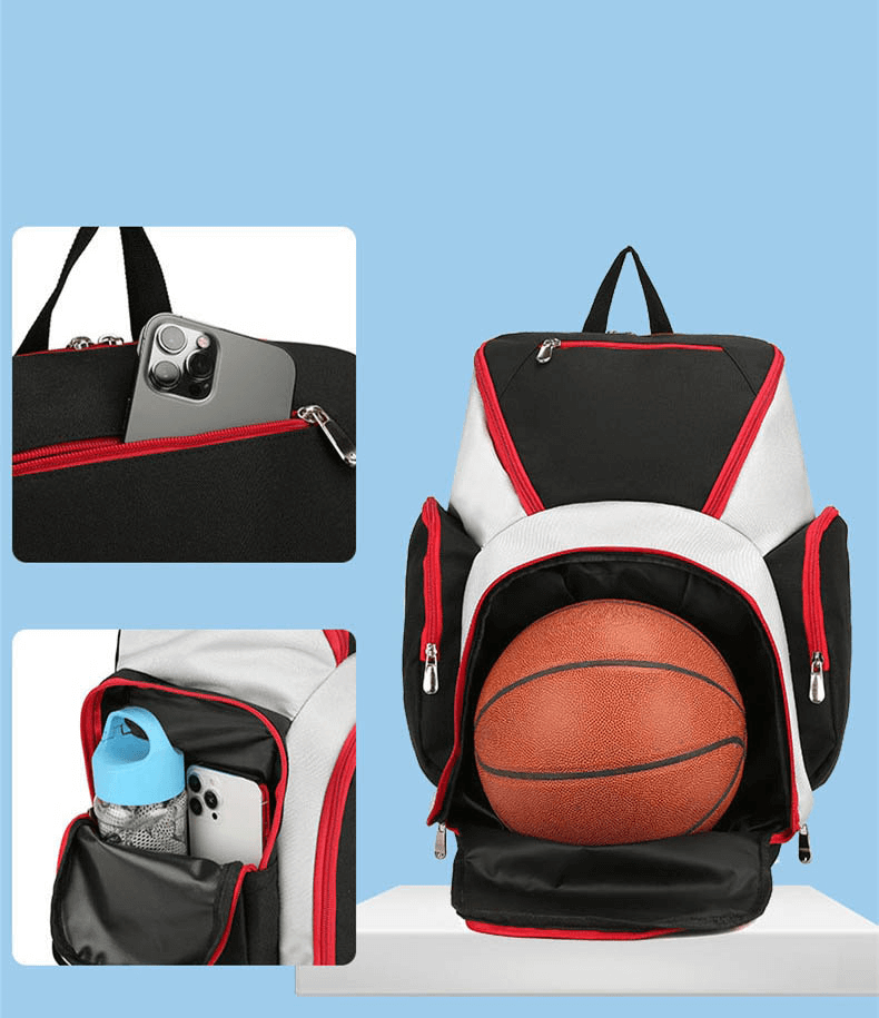 Waterproof football backpack with large capacity, showcasing basketball compartment and pockets for gear organization, against blue background.